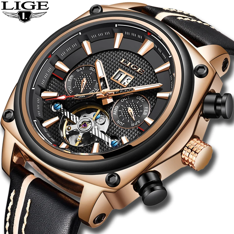 

LIGE New Men Watch Luxury Automatic Mechanical Watches Male Military Leather Waterproof Watch Men Business Clock Erkek Kol Saati