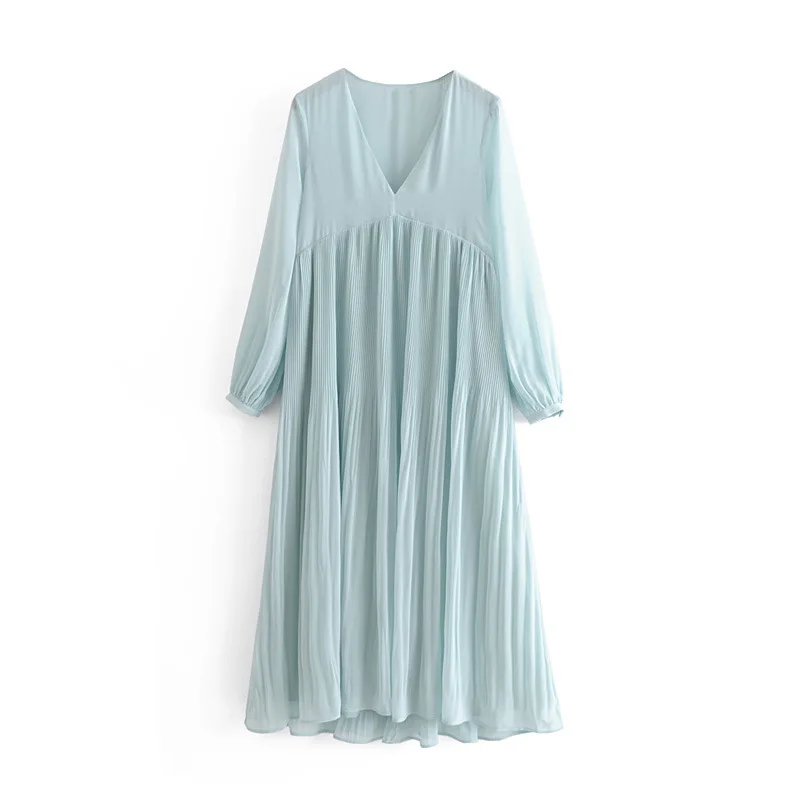 

2019 Women Elegant Pure color Fold Blue Beach Long dress Summer Casual Long sleeve V neck Chiffon dresses Female vestidos#C768