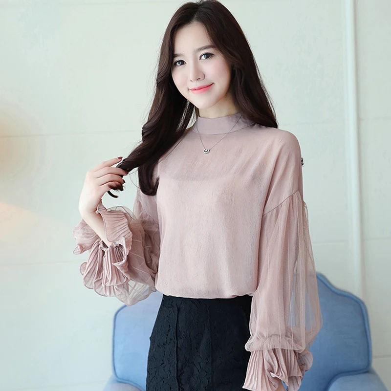 Женская шифоновая блузка с рукавами фонариками и круглым вырезом|chiffon shirt tops|chiffon
