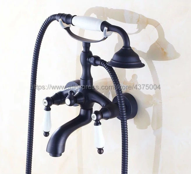 Black Oil Rubbed Brass Wall Mount Telephone Euro Bath Tub Faucet Mixer Tap w/ Handheld Spray Shower Ntf551