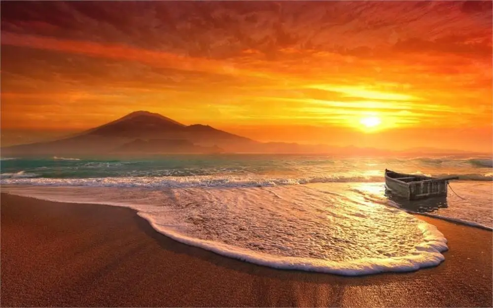 مناظر منوعة  - صفحة 11 Beach-sunset-mountain-mist-sea-nature-sand-sky-clouds-yellow-boat-waves-red-4-Sizes-Home