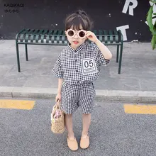Летний комплект клетчатой одежды в Корейском стиле для маленьких девочек, детская хлопковая льняная футболка с короткими рукавами+ шорты, комплект из 2 предметов
