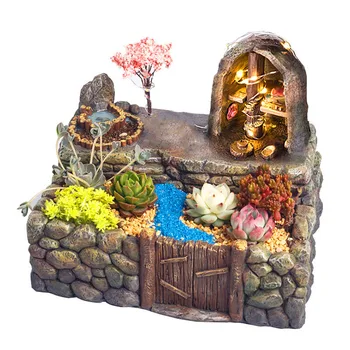 

Garden Planter Flower Pot House Landscape Resin Flowerpot Vase Home Decor with LED String
