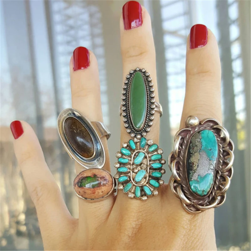 

Vintage Oval Green Natural Stone Rings for Women Antique Big Boho Midi Finger Ring Indian Beach Jewelry Bague Femme Z5J445