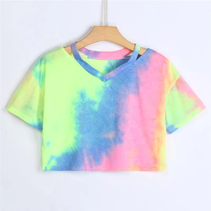 

Fashion Women Dye Short Sleeve V Neck Casual Loose T-Shirt Tops