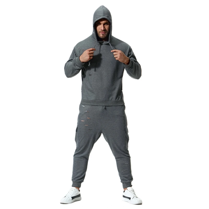 

AmberHeard 2019 Fashion Spring Autumn Men Sporting Suit Hooded Sweatshirt+Pants Hip Hop Hole Sweatsuit 2 Piece Set Men Tracksuit