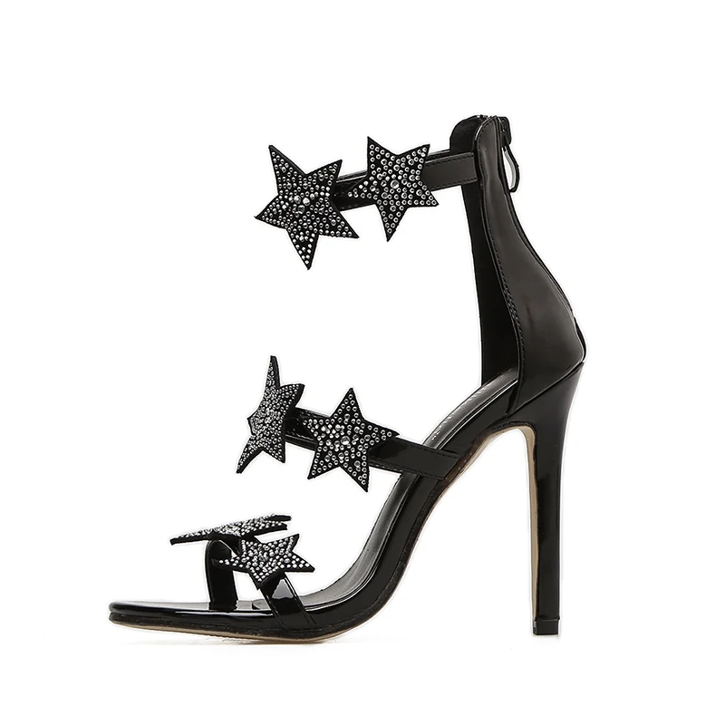 Summer high heels sandals women luxury crystal silver bridal wedding shoes sexy black peep toe stiletto party ladies shoes