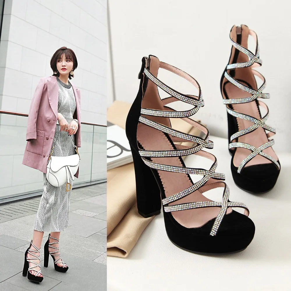 Arden Furtado summer chunky heels 12cm platform back zipper crystal rhinestone