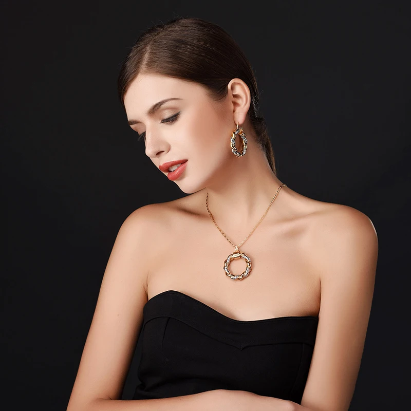 U7 Two Tone Gold Plated Pendant Necklace & Big Round Hoop Earrings Women Jewelry Sets S544