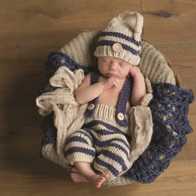 

Crochet Knit Newborn Bebe Boys Photography Prop Pants + Hat 2pcs Sets Baby Photo Costume Clothes Striped Outfits