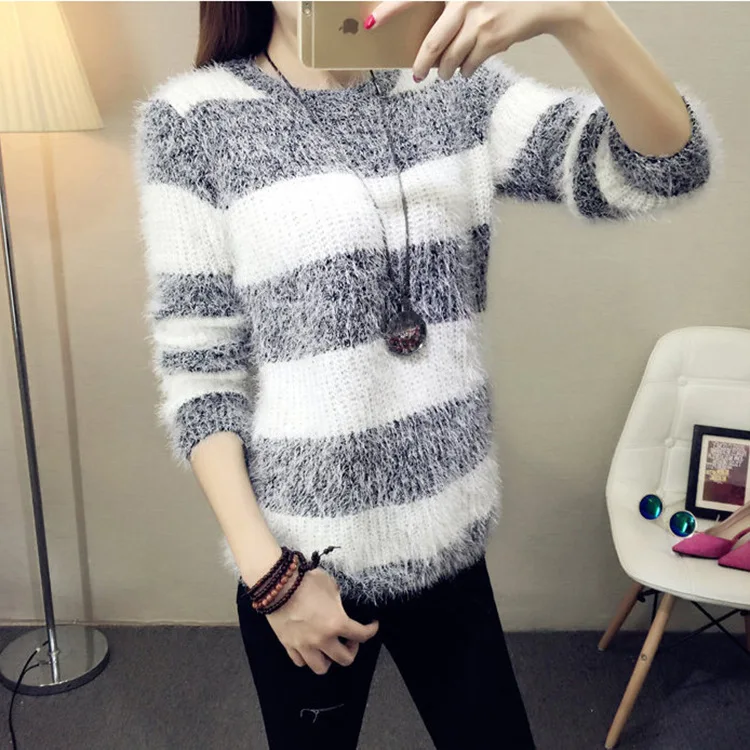 2017 Winter Female Sweet Mohair Striped Slim Knit Sweaters