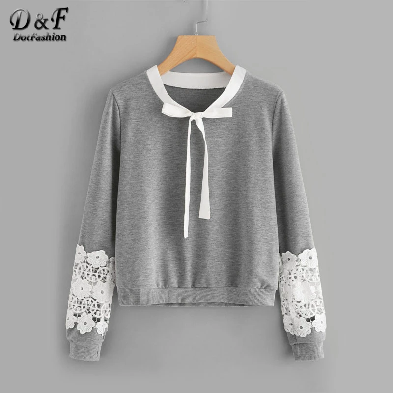  Dotfashion Contrast Crochet Bow Tie Neck Sweatshirt 2019 Grey Round Neck Regular Fit Pullovers Ladi