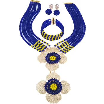 

Latest Royal Blue Yellow Nigerian Traditional Wedding Jewelry Beaded Crystal African Necklace Bridal Party Jewelry Sets 6DHJZ023