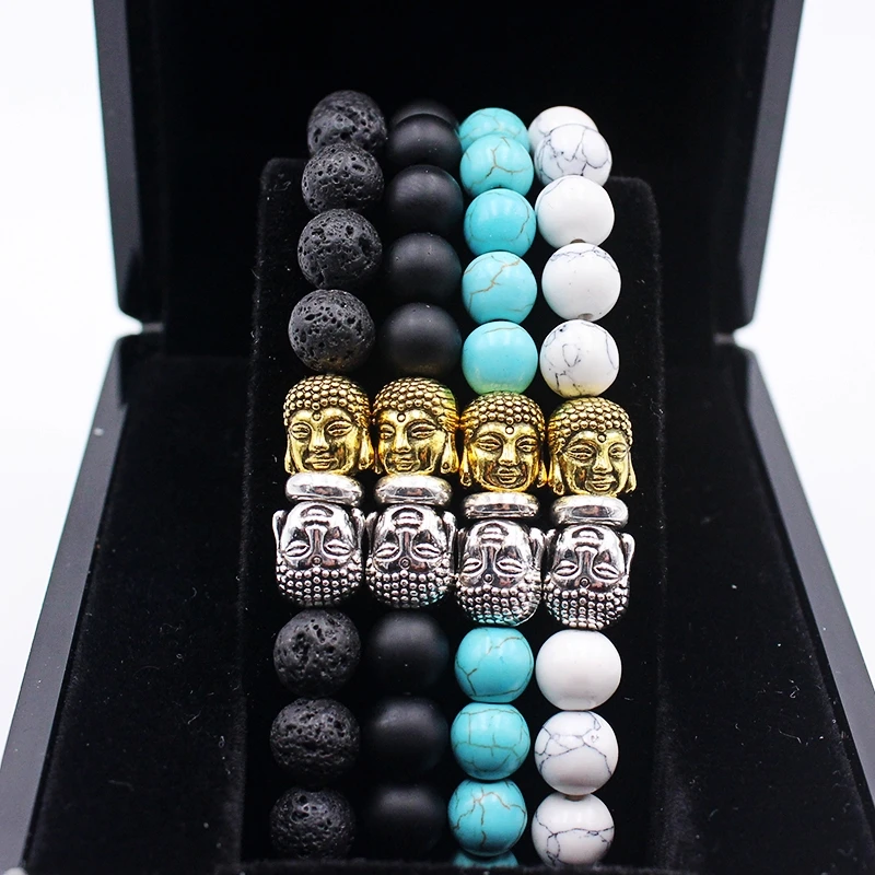 

Lava Rock Stone Onyx Prayer Beads Gold Silver Double Buddha Men Bead Bracelet Beaded Bracelets For Women Mens Pulseras Masculina