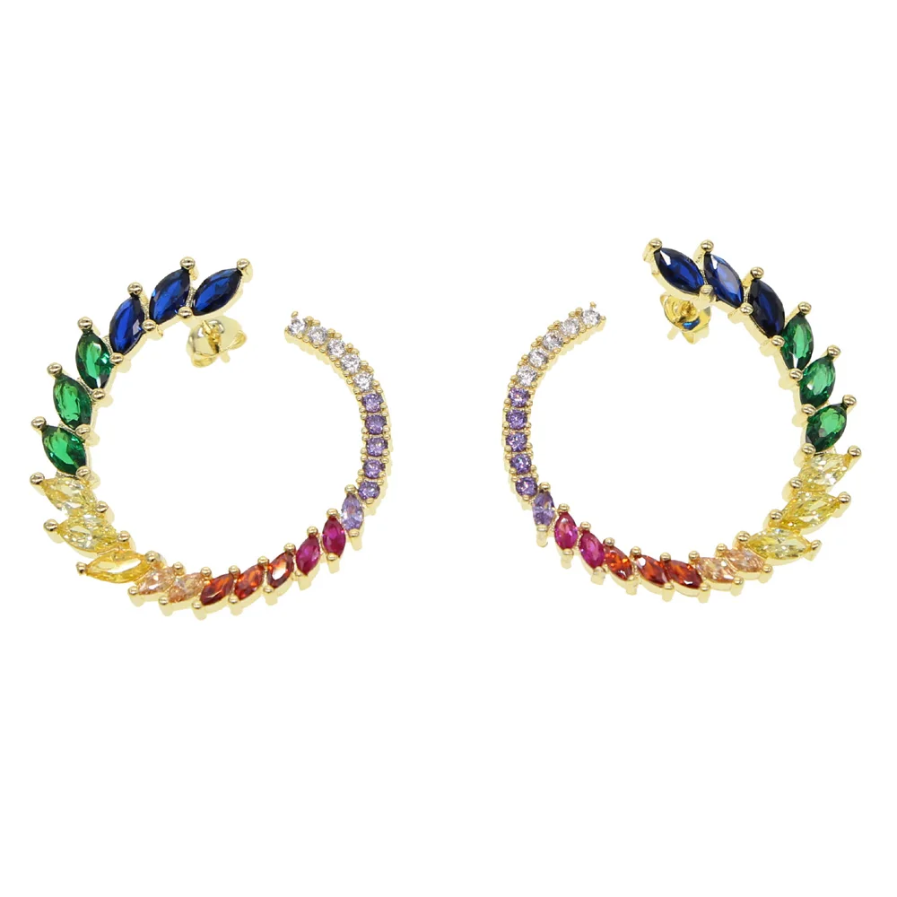 

Big heavy round rainbow colorful cubic zirconia cz paved circle hoops earring fashion gorgeous women wedding earrings jewelry