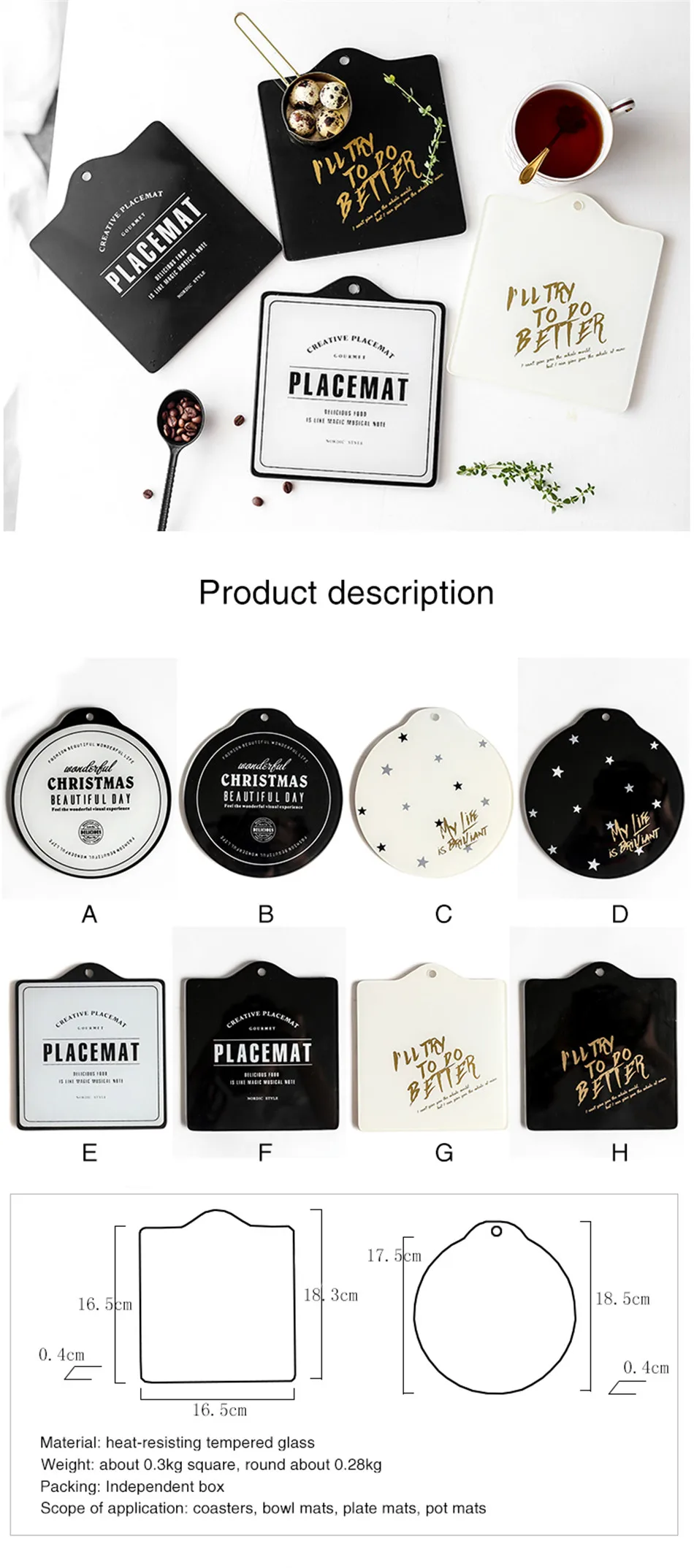 Luxury Gold Plating Letter Tempered Glass Drink Coaster Coffee Cup Mat Tea Pad Star Point Pattern Round Square Dining Placemats (1)