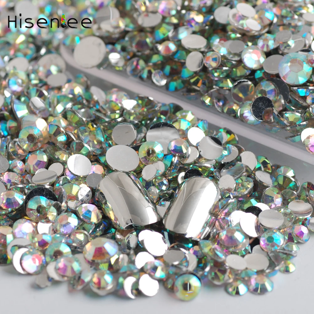 Hisenlee 3000 шт./пакет 30 грамм смеси размеры Crystal Clear AB акрил Rhinestone Самоцветы Nail rhinestoens для Гвозди 3D Дизайн ногтей украшения