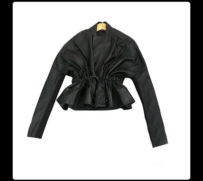 Женское черное пальто из натуральной кожи с откорректированным зерном из овчины, куртка с эластичной резинкой на талии и трикотажной панелью на рукаве LT2477