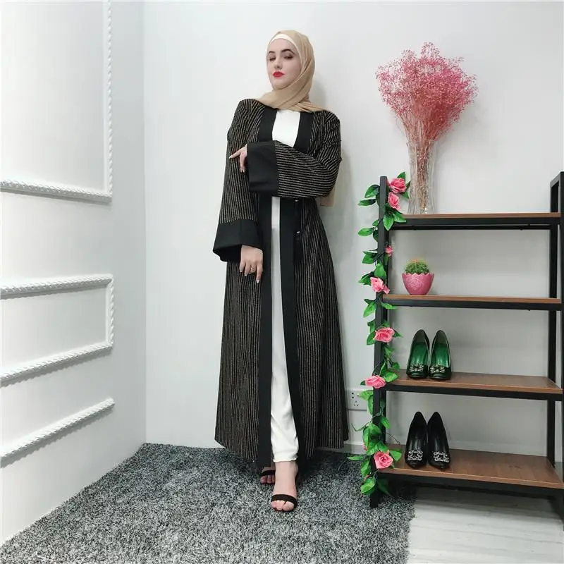 Новые 2019 Для женщин в полоску Абаи Дубайский мусульманский плюс Размеры Исламской Туника Арабская одежда рукав-Пагода открытый кардиган