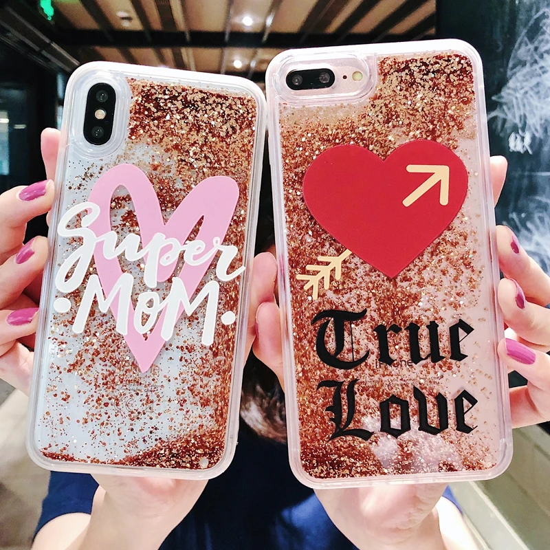Coque for iPhone 7 7Plus Case Cover Love Liquid Gold Quicksands Phone Funda on X 10 6 8 Plus Capa Women |