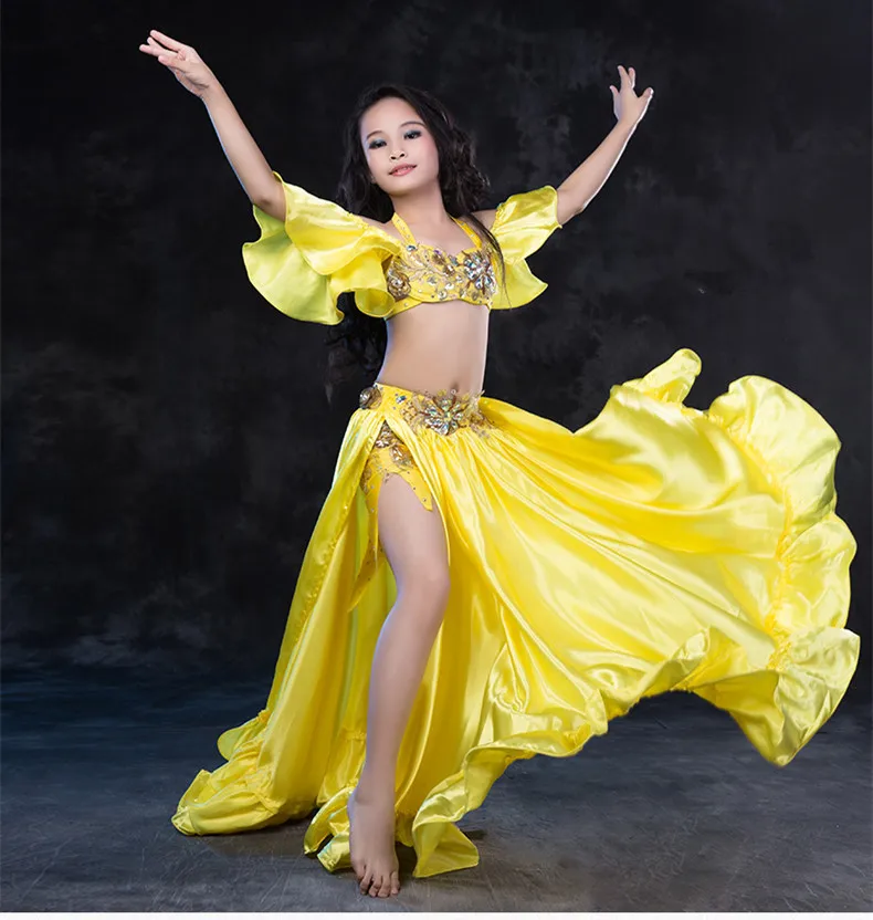 Танцевальный костюм для девочек из 4 предметов детская одежда для восточных танцев(юбка с бюстгальтером) красного, желтого и синего цвета