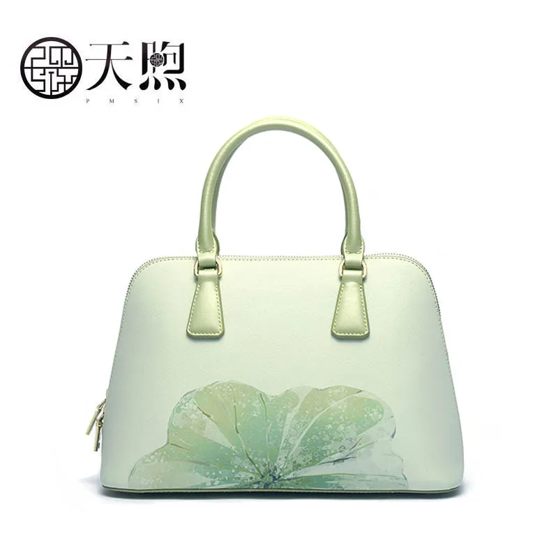 

First layer cowhide handbag 2019 new ethnic style printed shoulder Messenger bag Shell bag branded handbag