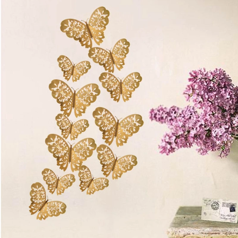 12Pcs 3D Butterfly Art Wall Stickers Decal Living Room Home Decor C Gold