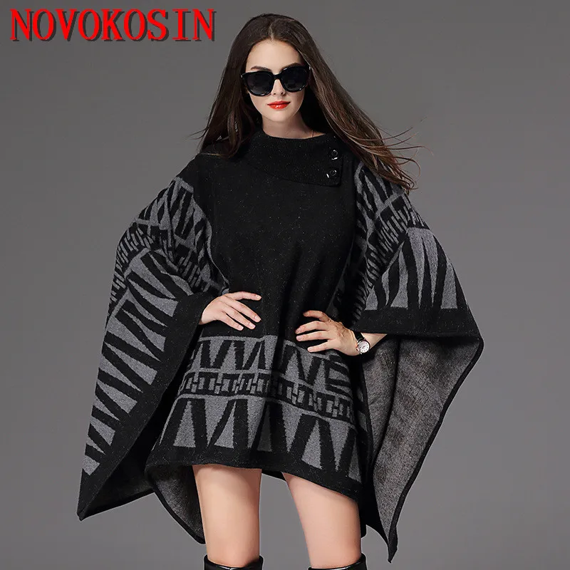 

SC165 2018 Autumn Winter Long Knitted Poncho Women European Turn-down Collar Printed Pullovers Thick Bat Sleeve Loose Shawl Coat