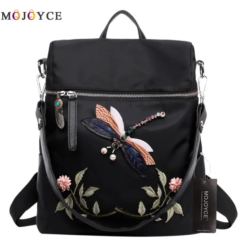 

2 ways Wearing Retro Backpack Women Teenage Girl Dragonfly Embroidery Nylon Backpack Female Mochila Feminina