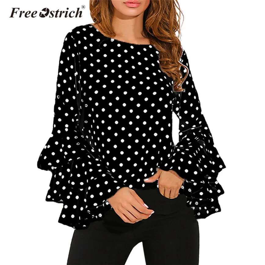 

Free Ostrich Sweet Ruffles Sleeve Blouse Women Polka Dot Chiffon Long Sleeve Shirt Casual O-Neck Elegant Women Tops Blusas N30