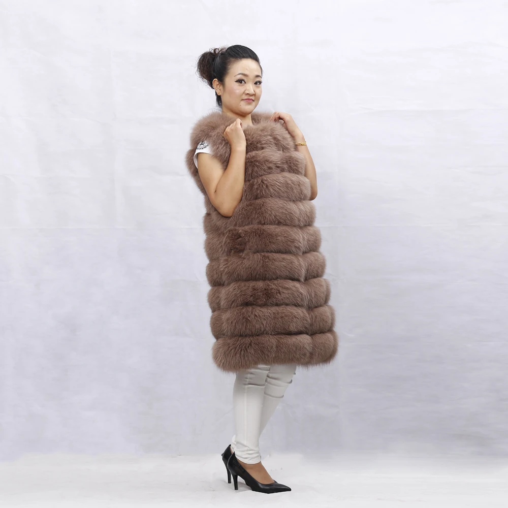Chaud Épais Gilet Luxe Nature cou Hiver Longs Réel Confortable Survêtement Fourrure Sans De Renard Véritable D'o As Picture Femmes Manteaux Manches POXiuTkZ