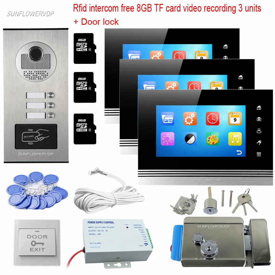 Rfid Keyfob Home Video Door Phone Video Call 8GB TF Video Recording 3 Indoor Monitors Video Eyes For The Door With Door Lock Kit Rfid Keyfob Home Video Door Phone Video Call 8GB TF Video Recording 3 Indoor Monitors Video Eyes For The Door With Door Lock Kit