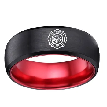 

Firefighter Fireman Career Rings 8mm Tungsten Wedding Band Male Cool Ring Comfort Fit Black with Red & Green Color