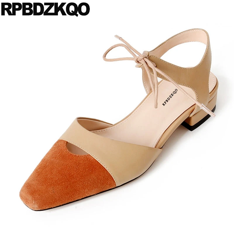 

Latest Suede Ankle Strap Low Heel Women Designer Shoes China Genuine Leather Slingback Nude Lace Up Square Toe Sandals Patchwork