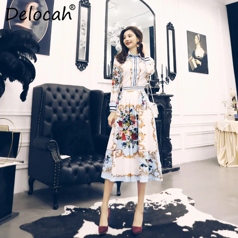

Delocah Women Spring Summer Sets Runway Fashion Designer Long Sleeve Slim Lady Shirt+Flower Printed Modern Skirt Two Pieces Suit