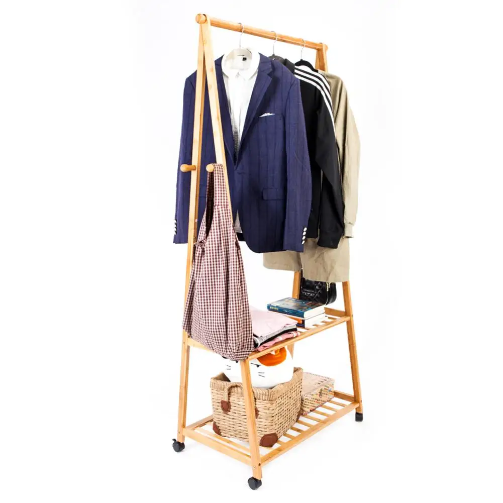 

Portable Practical Storage Clothes Hanger 2-layer Wood Color Storage Rack With Wheel For Livingroom Organizing