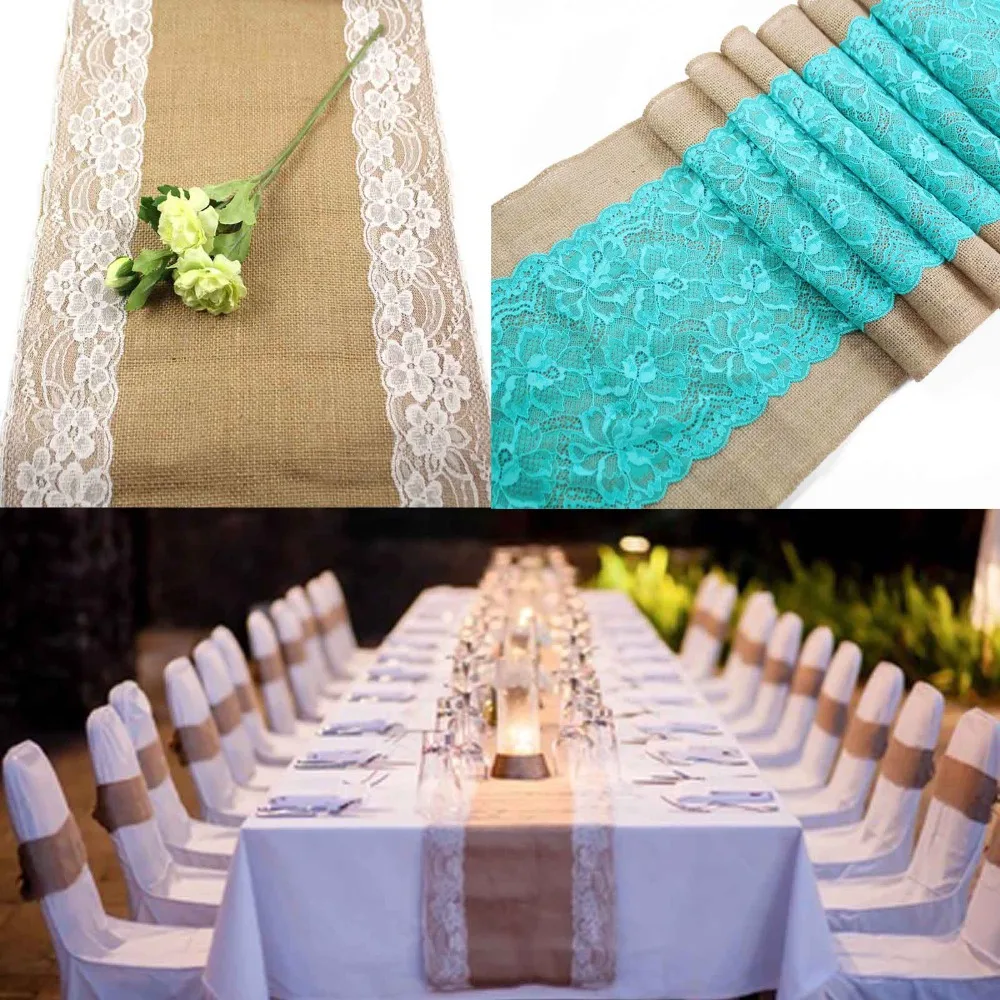 Customized Size 30x275cm Wedding Table Runner Natural Lace Burlap