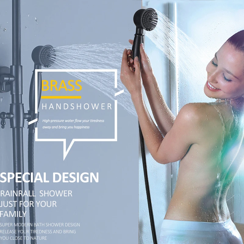 quyanre wanfan frap black shower faucets set rainfall shower head brass handshower waterfall tub spout bath shower1