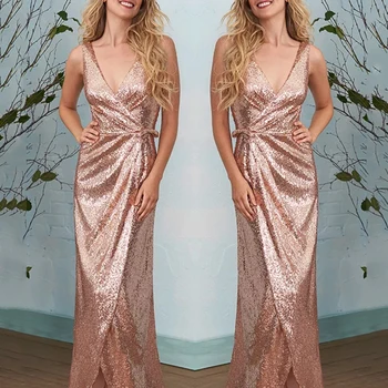

Sexy V Neck Open Back Sheath Bridesmamid Dresses Sparkly Sequined Side Slit Pleats Prom Dress Prom Party Gowns Custom Made