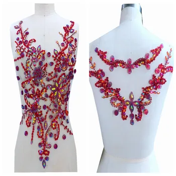 

hand made red sew on Rhinestones applique on mesh crystal patches trim 50*30/30*20cm for dress back/and front