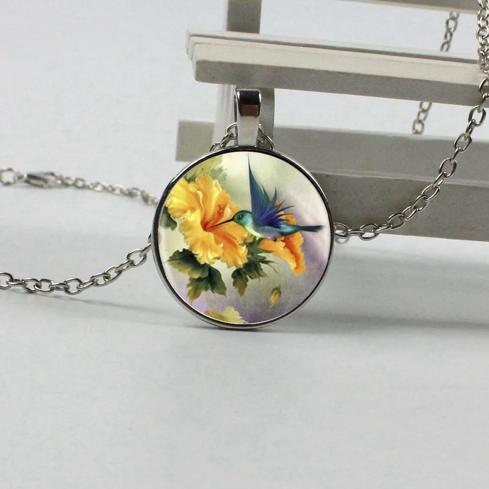

New 3 Color Blue bird jewel bird necklace on a branch yellow glass dome pendant necklace, necklace 2018 Christmas gift for women