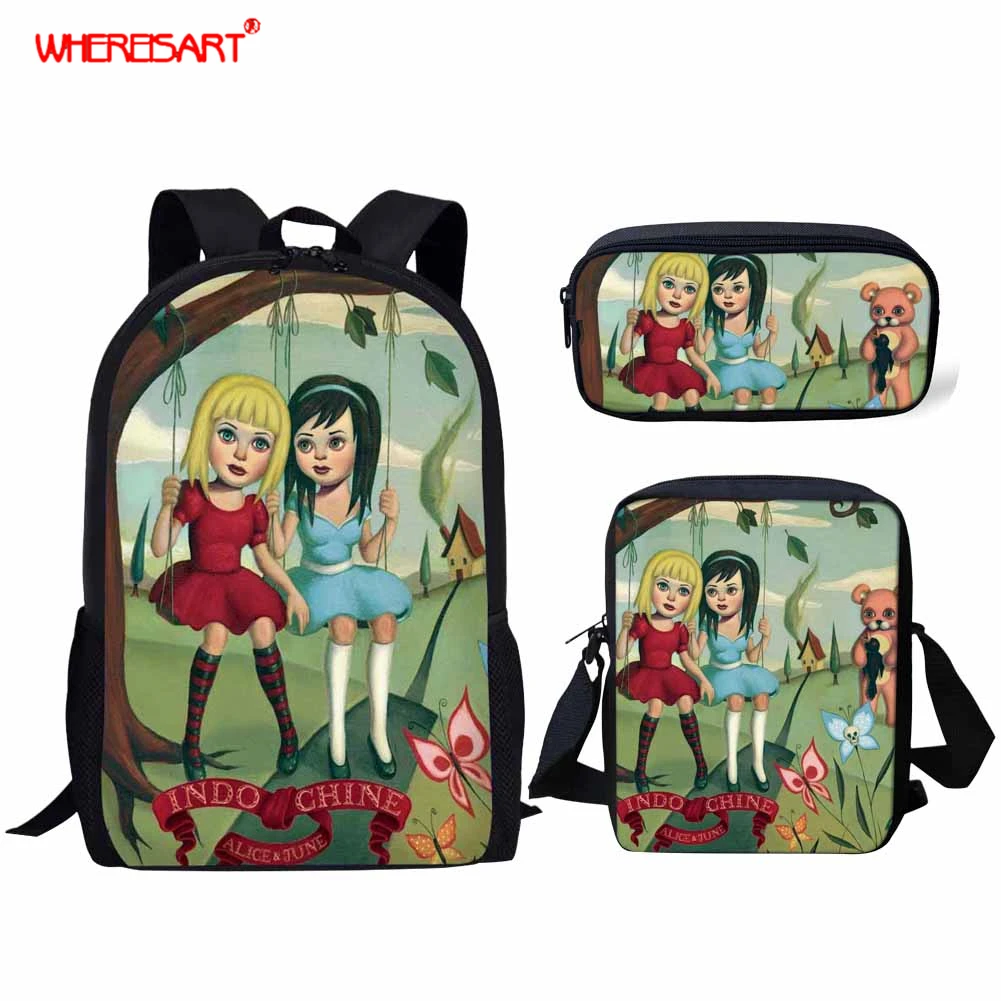 

WHEREISART INDOCHINE Alice & June Pattern School Bags for Girls, 3Pcs/set Backpacks With Pencil Bags,Portfolio Bookbag Satchel