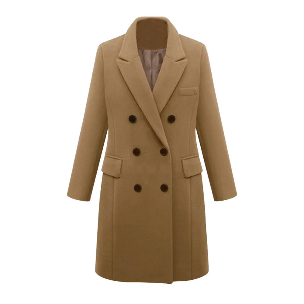 Стильная женская шерстяная смесь, теплое длинное пальто размера плюс, женское приталенное шерстяное пальто с отворотом, осенняя зимняя верхняя одежда 5XL#0708 - Цвет: Khaki