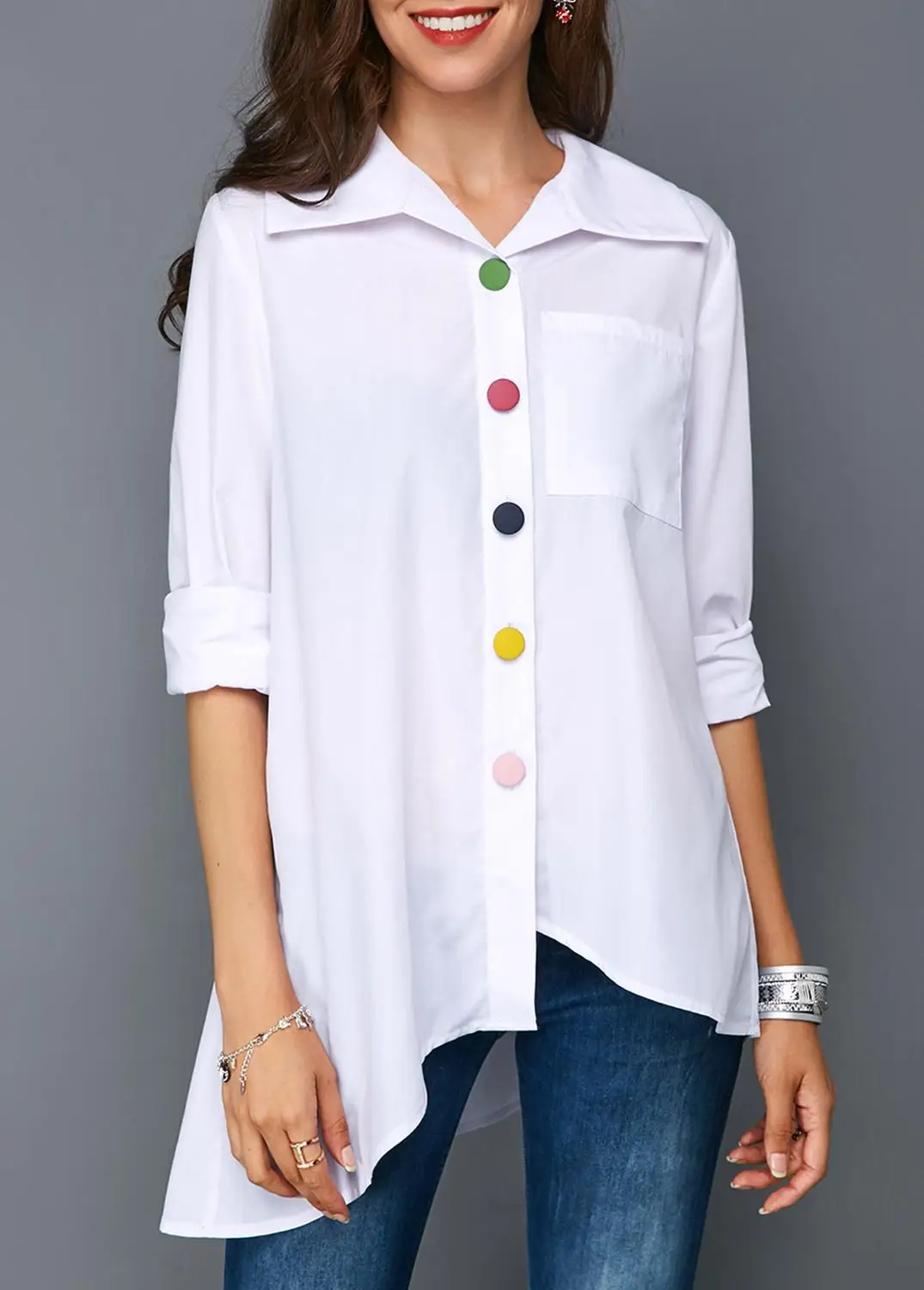 

Plus Size Blouse Women Summer Tops 2019 Colorful Buttons Irregular Casual Blouses Loose Fashion Womens White/Wine Red/Blue Shirt