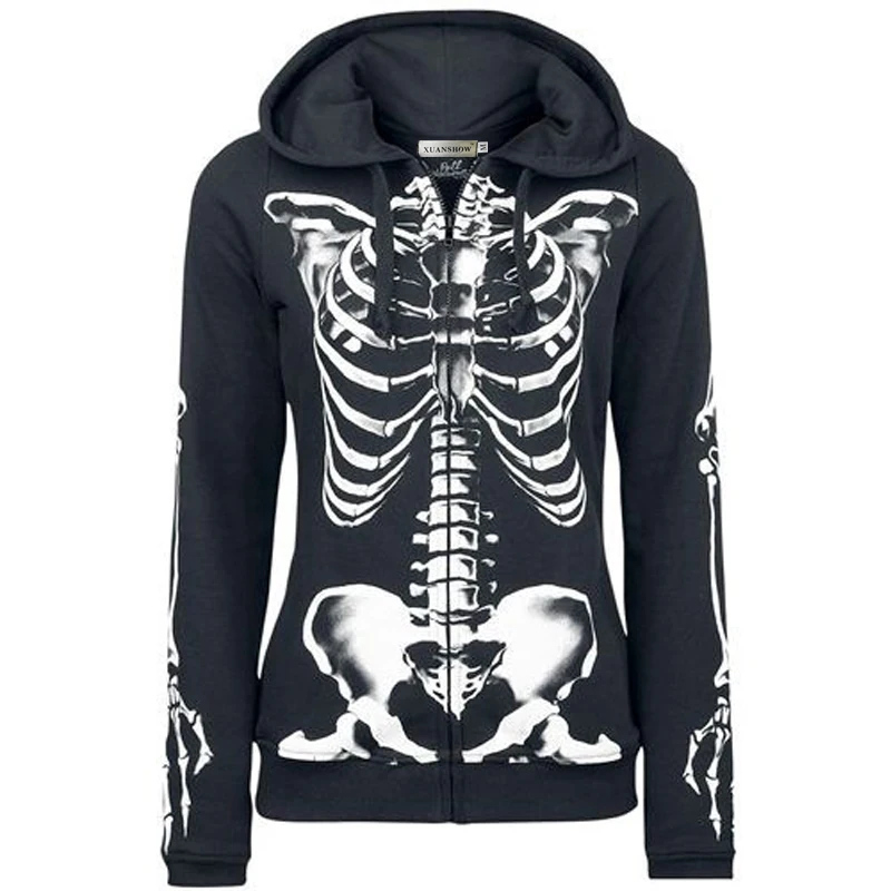  Coat Women 2018 Autumn Winter Long Sleeve Graphic Skeleton Skull Print Harajuku Hooded Sweatshirts 