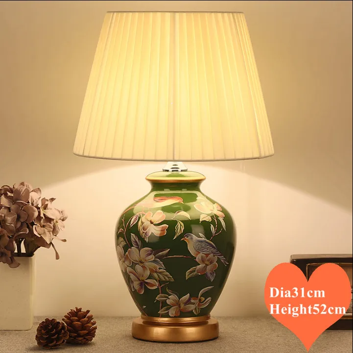 

Chinese rural green flower&bird ceramic Table Lamps European dimmer/touch switch fabric E27 LED lamp for bedside&foyer MF006
