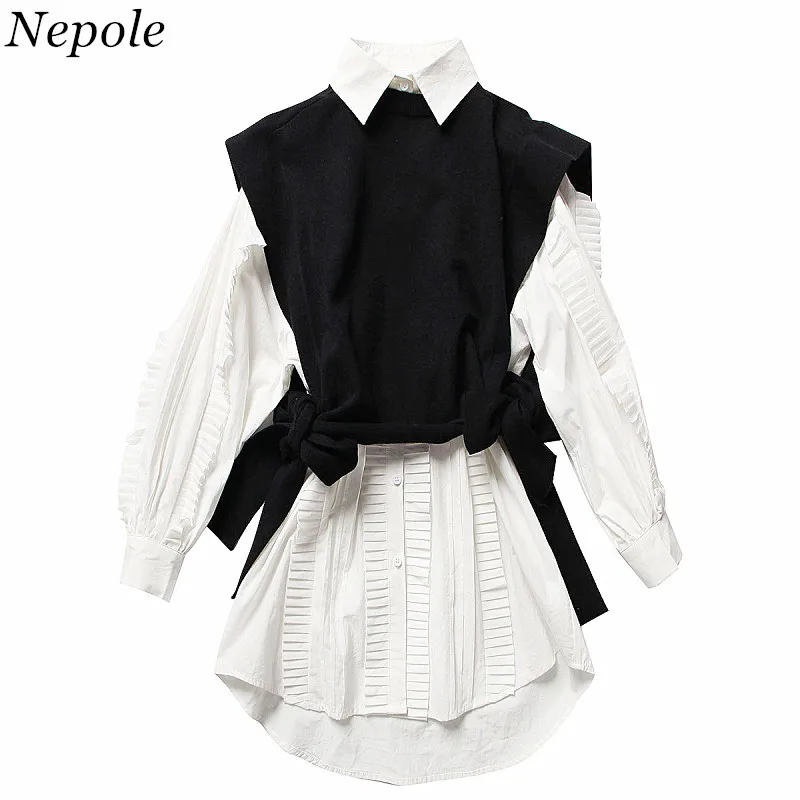 

Neploe Fashion Two Pieces Set Ruched Solid Single Breasted Shirt+Vest Knitted Bows 2019 Spring Fashion Elegant OL Suits 69957