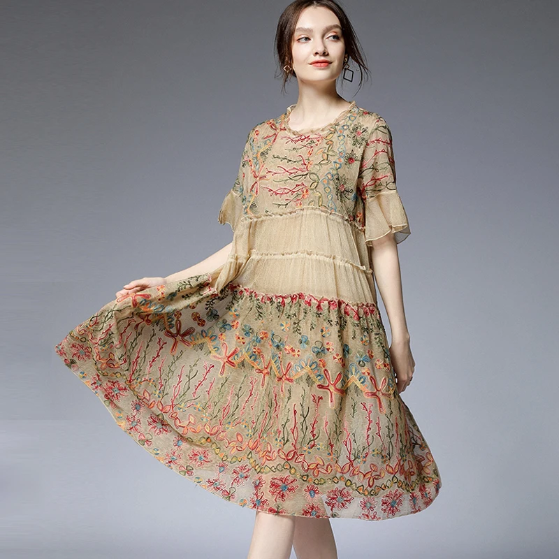 

Summer new women's plus size casual loose slim dresses short sleeve crew neck Chiffon embroidery Elegant dress fashion big size