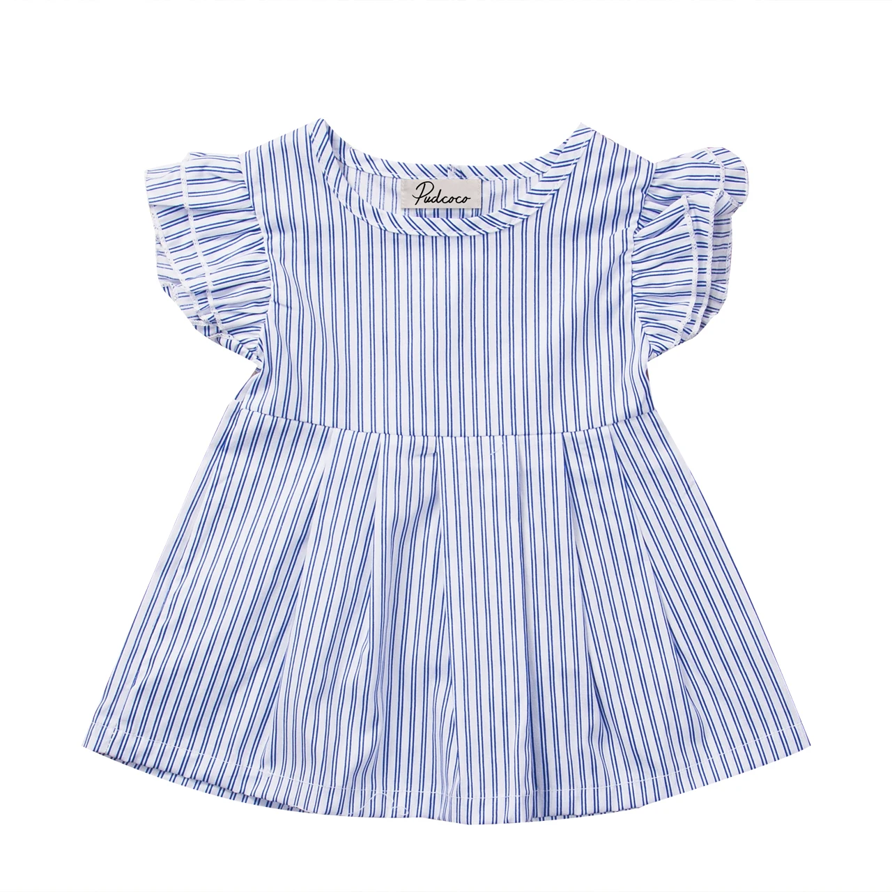 Новое модное короткое платье принцессы в полоску с открытыми плечами для маленьких девочек, топы, летний костюм, 0-24 месяца - Цвет: Синий