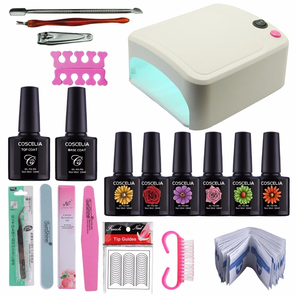 Цена Nail Art Base инструмент 36 Вт УФ лампы и 6 Цвет Soak Off Gel Nail Top Coat гель лак для ногтей комплект маникюрные наборы и Наборы лак для ногтей набор